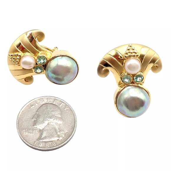 Rare! Vintage Paula Crevoshay 18k Gold Abalone Pearl Blue Gemstone Earrings OOAK - Picture 4 of 15
